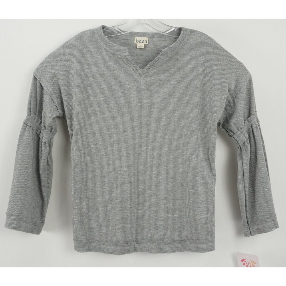 New Baea Women's Large Gray‎ Split Neck Ruffle Flare Sleeve Thermal Pullover Top